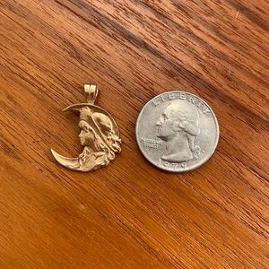 Vintage 80s Girl in the Moon Goddess 14k Pendant Necklace French Art Nouveau